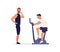 Muscular male trainer blow a whistle to start cardio training of client vector flat illustration. Man spinning pedals on