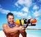 Muscular male with water gun.