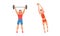 Muscular Man Character Lifting Heavy Barbell and Playing Volleyball Vector Set