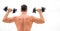 Muscular man exercising with dumbbell rear view. Pain is temporary, pride is forever. Sportsman with strong back and