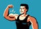 Muscular man flexing arm straining strong biceps. Gym concept vector illustration