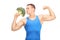 Muscular man kissing a huge piece of broccoli