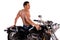 Muscular man and motorcycle.