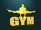 Muscular man posing on gym word. Cutout silhouette