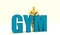 Muscular man standing near gym word. Golden figure