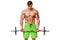 Muscular man working out doing exercises with barbell at biceps, strong male naked torso abs, isolated over white background