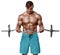 Muscular man working out doing exercises with barbell at biceps, strong male naked torso abs, isolated over white background