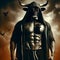 Muscular Minotaur With Black Cloak Under a Night Sky Exuding Strength and Mystery