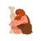Muscular primitive caveman sitting with huge bone, stone age prehistoric man character cartoon vector Illustration on a