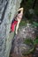 Muscular rock climber climbs on cliff wall with rope