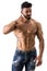 Muscular shirtless male model doing call me gesture