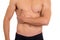 Muscular shirtless man with right abdomen pain