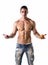 Muscular shirtless young man deciding: fruit or cookies