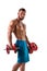 Muscular shirtless young man exercising biceps with dumbbells