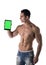 muscular shirtless young man holding a blank tablet PC