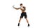 Muscular strong athletic young guy, athlete training, boxing isolated over white background. Strong hands