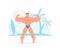 Muscular Strong Man Posing on Beach, Athletic Man Bodybuilder Character in Swimming Trunks Showing his Muscles Cartoon