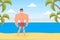 Muscular Strong Man Posing on Beach, Athletic Man Character in Red Swimming Trunks Standing and Smiling Cartoon Vector