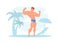 Muscular Strong Man Posing on Beach, Athletic Man Character in Swimming Trunks Showing Muscles Cartoon Vector