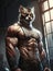 muscular tiger athlete bodybuilder trains in gym. Generative AI illustration