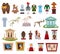 Museum Exhibit with Picture, Ancient Vase, Sculpture, Clothing and Dinosaur Sleketon Big Vector Set