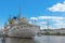 Museum of the World Ocean. Research vessel KOSMONAVT Viktor Patsaev on a sunny summer day. The Pregolya River. Russia, Kaliningrad