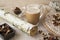 Mushroom chaga coffee latte superfood trend. Dry cep mushrooms, chaga and coffee powder. Caffeine latte, cappuccino drink, hipster