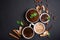 Mushroom Chaga Coffee Superfood Trend-dry and fresh mushrooms and coffee beans on dark background with mint. Coffee break