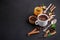 Mushroom Chaga Coffee Superfood Trend-dry and fresh mushrooms and coffee beans on dark background with mint. Coffee break