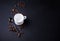 Mushroom Chaga Coffee Superfood Trend-dry and fresh mushrooms and coffee beans on dark background with mint. Coffee break