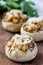 Mushroom champignons stuffed with filling of chicken, cheese