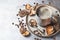 Mushroom coffee, a ceramic cup, mushrooms and coffee beans on stone concrete background. New Superfood Trend