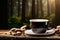 Mushroom coffee in cup on rustic wooden kitchen background, cozy ambiance with ample copy space