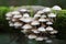 Mushroom colony sprouting from mossy log