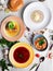 Mushroom cream soup, Lagman, chicken with meatballs, meatball, still, different kinds, many dishes, top view borscht