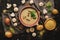 Mushroom cream soup on rustic background. Winter warming soup. Top view,overhead. Dark food photo