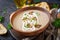 Mushroom cream soup. Vegan food. Dietary menu.