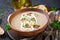 Mushroom cream soup. Vegan food. Dietary menu.