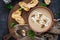 Mushroom cream soup. Vegan food. Dietary menu. Top view