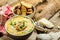 Mushroom creame soup with herbs and toasts