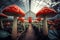 Mushroom cultivation, gardening, science mycology concept. Row of organic poisonous red mushrooms, toxic fly agaric in greenhouse