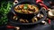 Mushroom curry. Homemade spicy mushroom curry in a black bowl on a dark background.