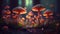 Mushroom. Fantasy Glowing Mushrooms in mystery dark forest close-up. Beautiful macro shot of magic mushroom