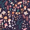 Mushroom and flower seamless pattern with beautiful florals, leaves and buds. Beautiful woodland garden in nature. Colorful vector