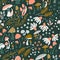 Mushroom and flower seamless pattern with beautiful florals, leaves and buds. Beautiful woodland garden in nature. Colorful vector