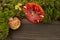 Mushroom frame..Bright toadstools and fluffy moss on a dark wooden background