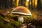 mushroom growing in the forest of yellowish color, Generative AI, fungi, woodland, nature, mycology