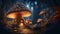 Mushroom house in the Enchanted Woods. Surreal mystical fantasy artwork. Generative AI