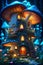Mushroom house glowing at night, miniature world, fantasy forest background