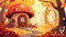 The mushroom house of the gnome in the autumn forest. Modern cartoon illustration of fairytale woodland with small dwarf